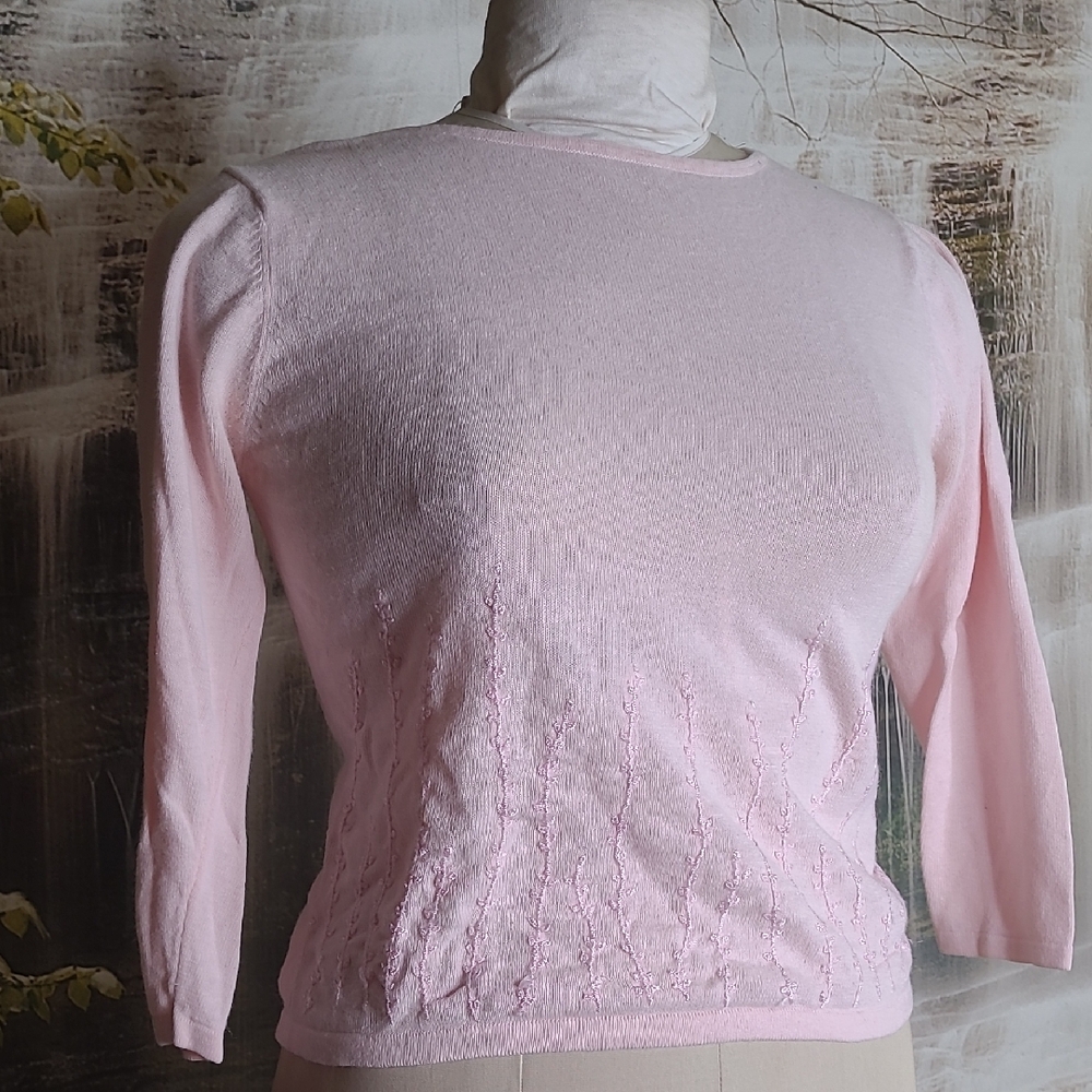 Kathie Lee Collection Womens Medium Light Pink Soft Knit Embroidered Sweater Top